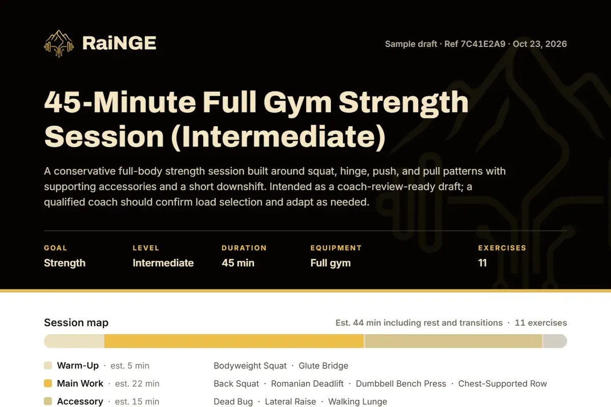 Top of page one of a RaiNGE sample workout PDF: the workout title, the intake, and a session map with a time estimate for each block