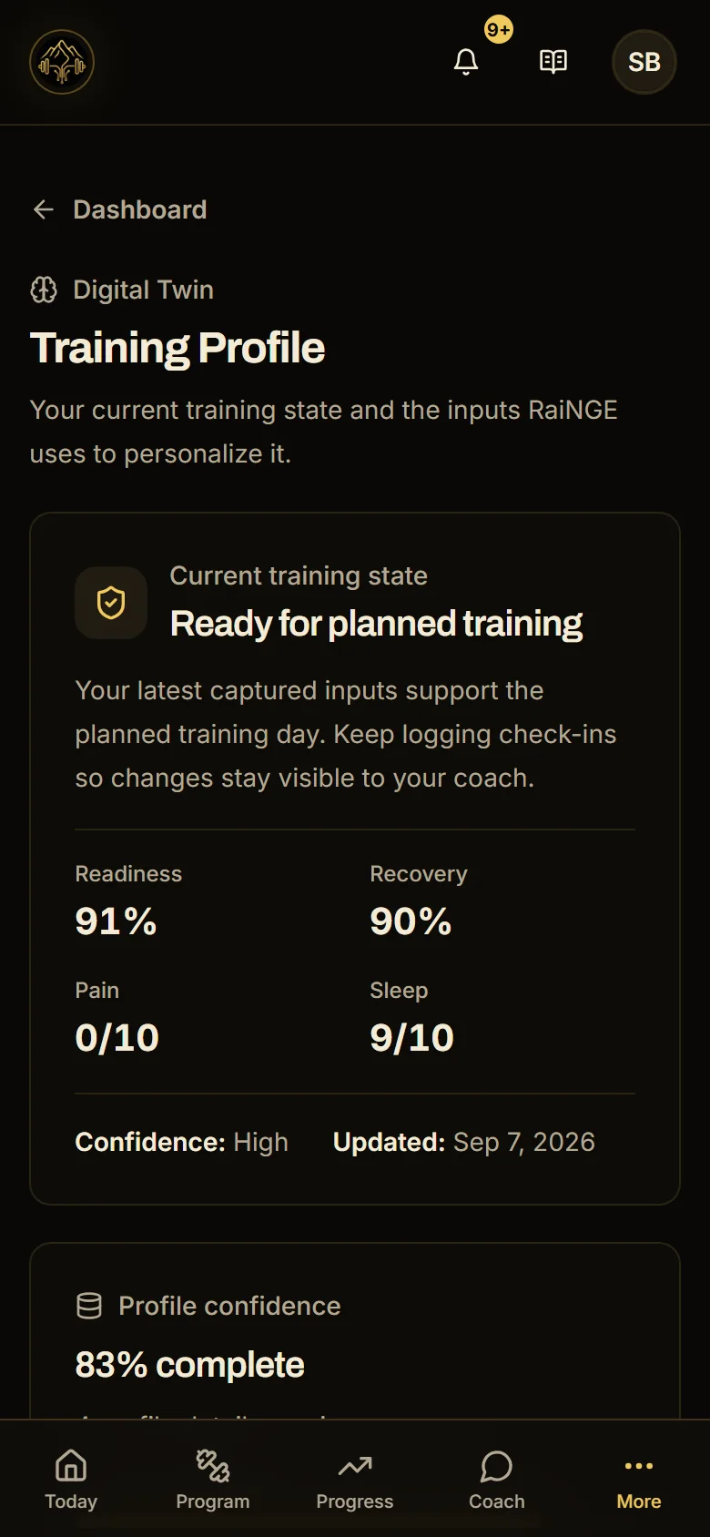 RaiNGE client training profile showing readiness, recovery, pain, sleep, confidence, and how complete the profile is