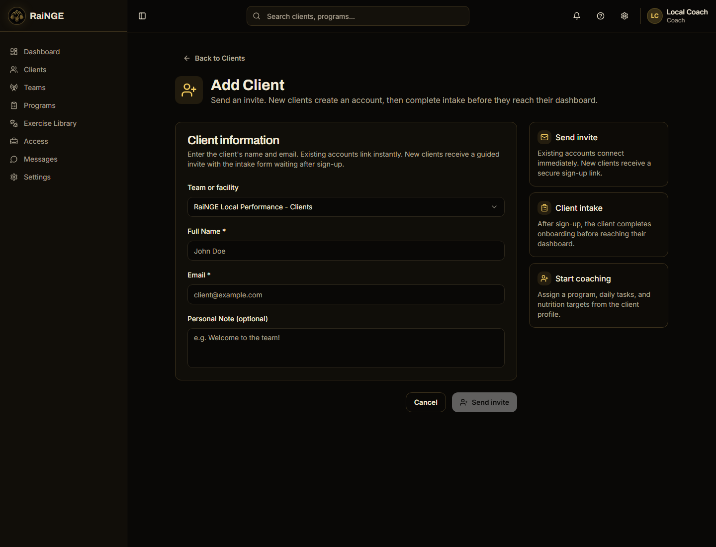 RaiNGE add client form used before program assignment