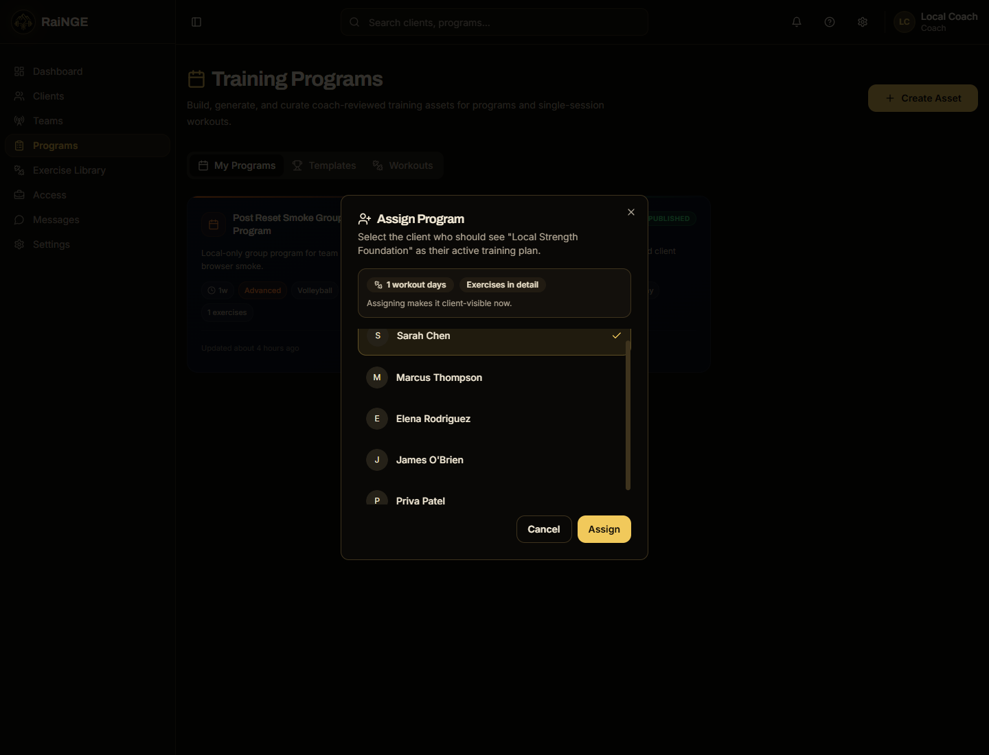 RaiNGE program assignment controls for a client handoff