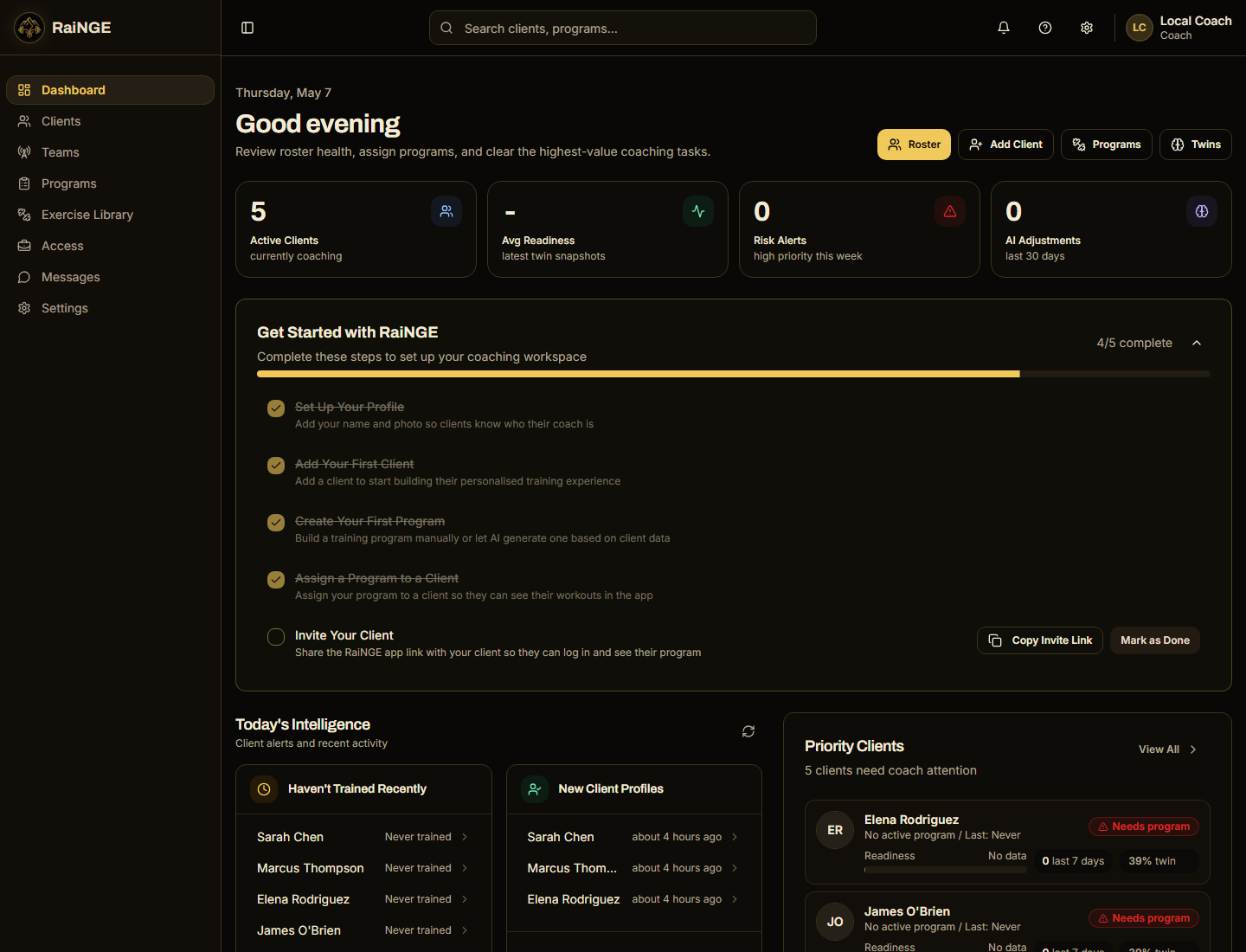 RaiNGE coach dashboard showing training context before a coach review