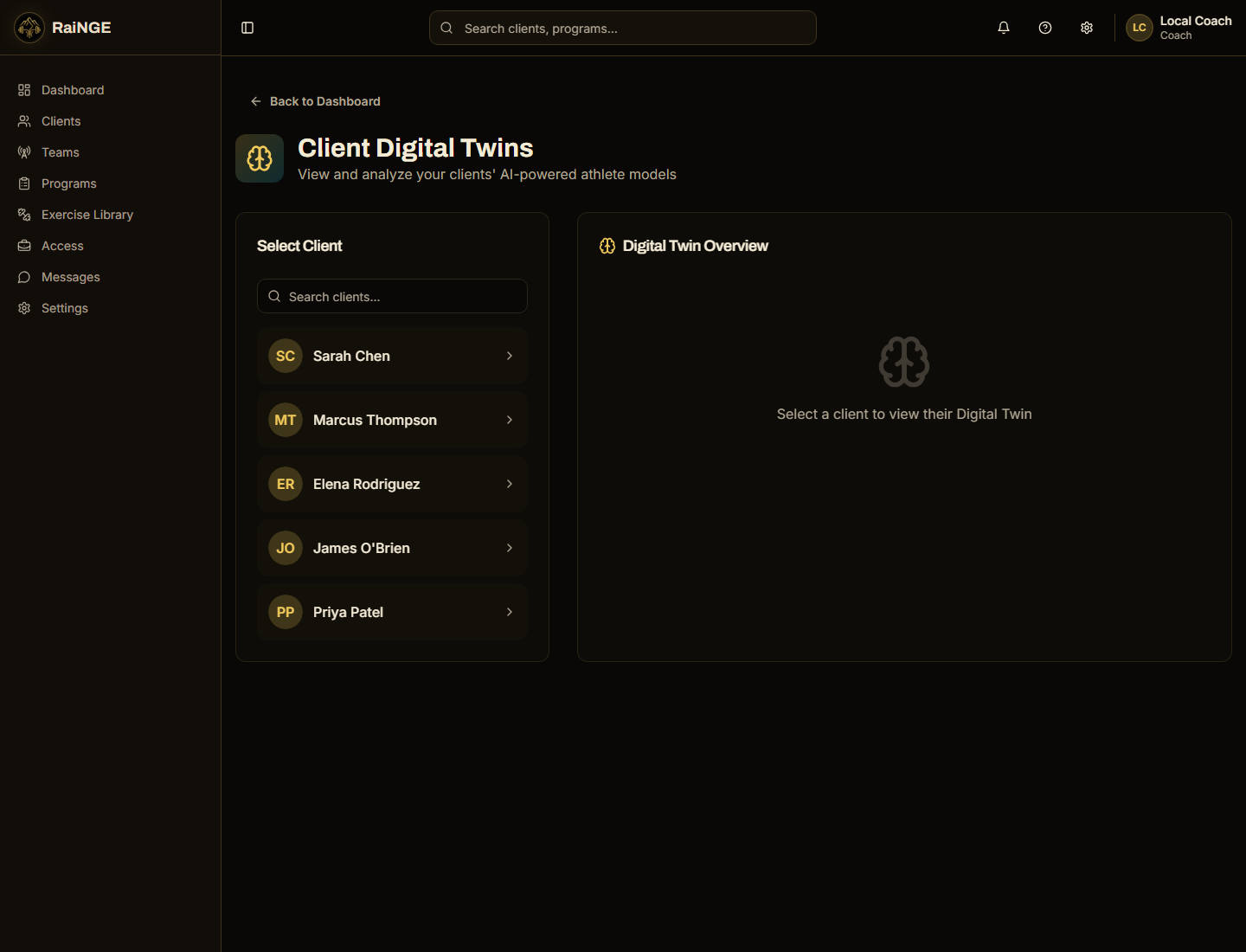 RaiNGE coach Digital Twin review showing captured and missing client context