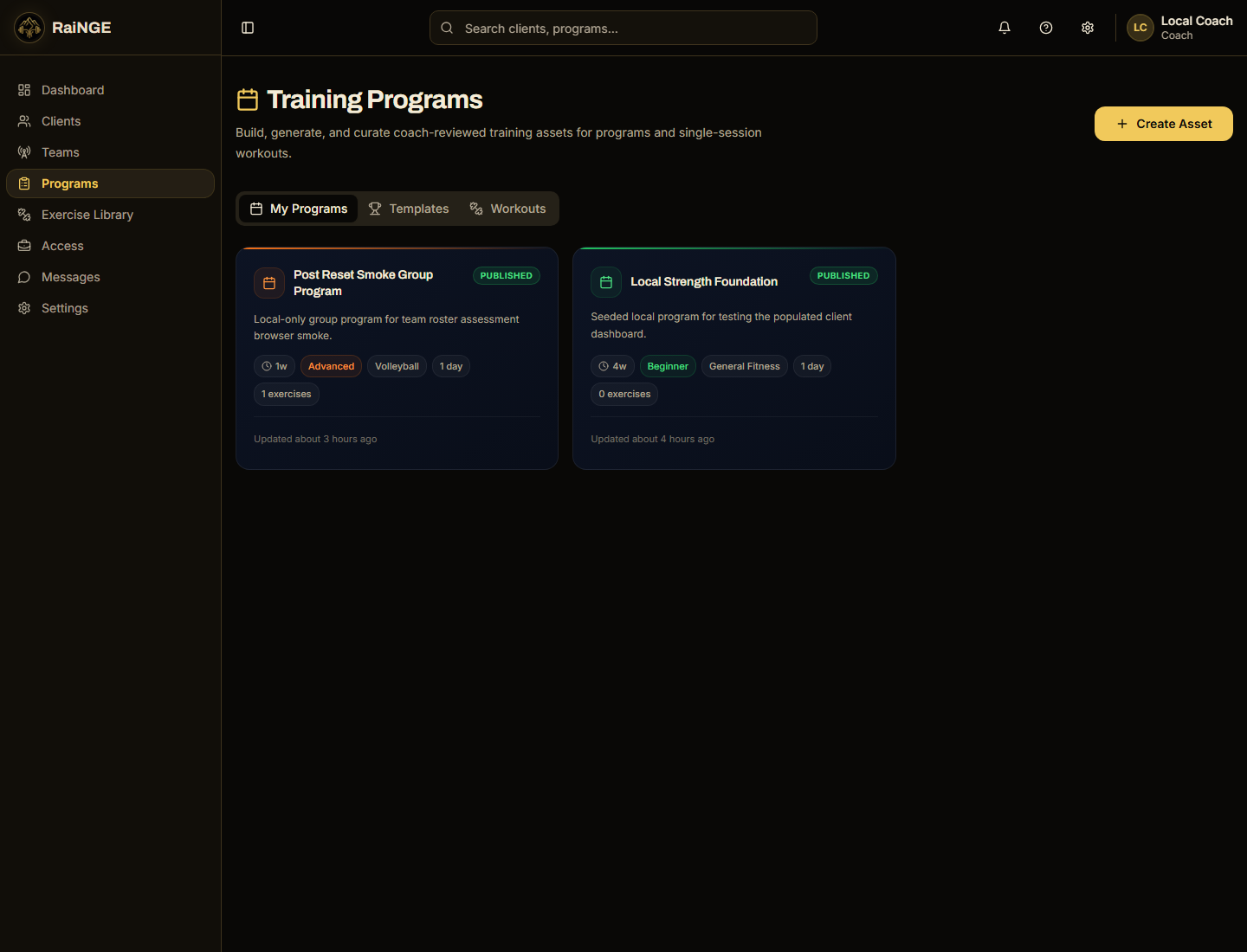 RaiNGE coach programs screen showing program management