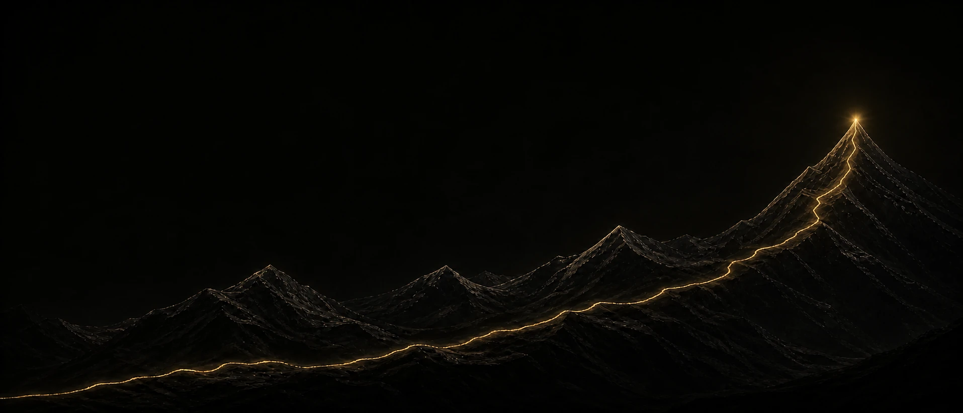 A gold-lit route crossing a dark mountain range to a final summit